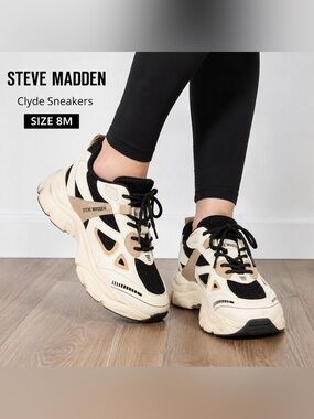 Steve Madden Clyde Chunky Dad Sneakers Women’s Size 8M White Black Beige